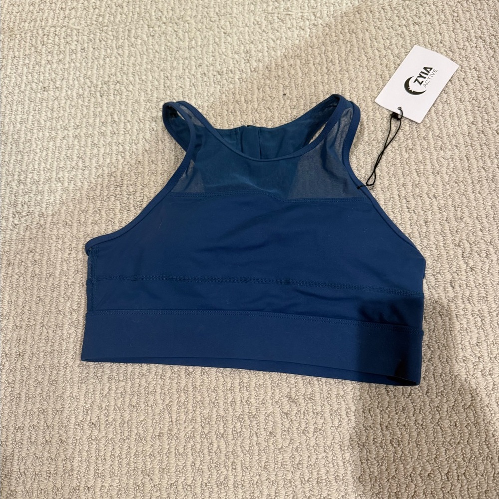 ZYIA Deep Navy High-Neck Mesh-Panel Sports Bra